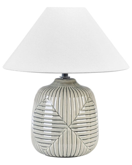 Table Lamp Grey Ceramic 35 cm White Drum Shade Handmade Geometric Pattern Bedside Living Room Bedroom Lighting Beliani