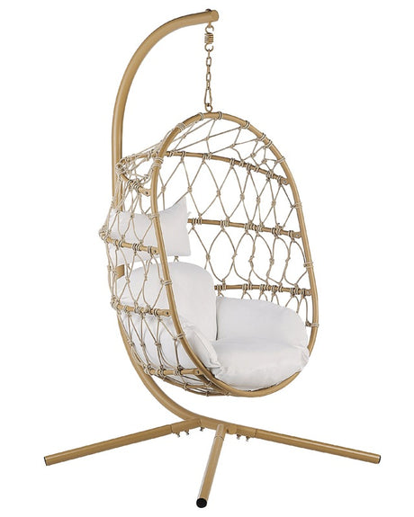 Swing Egg Chair Beige Rope Metal Stand Soft Sitting Cushion Boho Rustic Living Room Terrace Beliani