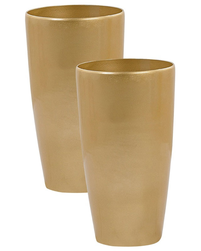 Indoor Outdoor Set of 2 Plant Flower Pots Gold Stone Mixture High Gloss Round Tall 32 cm Modern Design Beliani