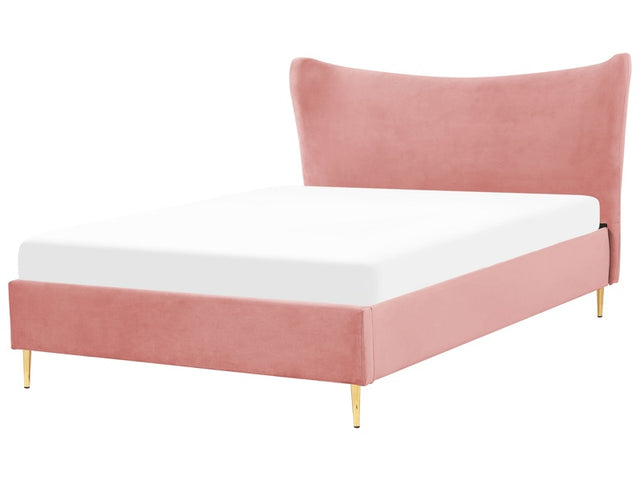 EU Double Size Bed Pink Velvet 4ft6 Upholstered Frame Metal Legs Slatted Base Headboard Modern Glam Style Bedroom Beliani