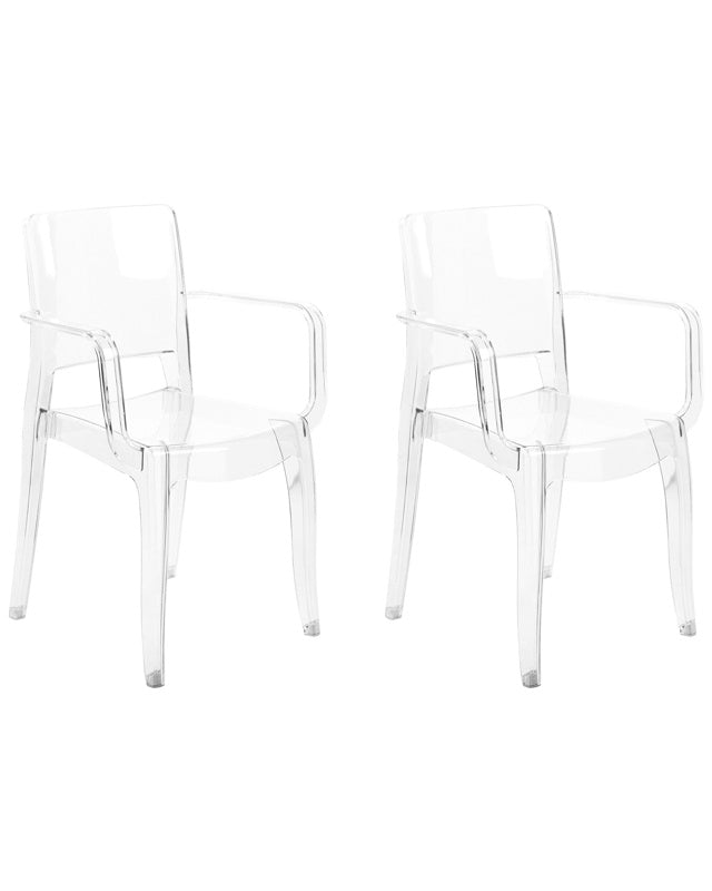 Set of 2 Dining Chairs Transparent Synthetic Material Solid Back with Armrests Stackable Modern Design Beliani