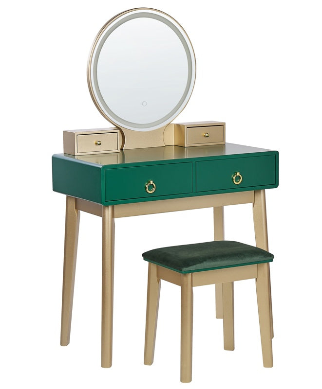 Dressing Table Green and Gold MDF 4 Drawers LED Mirror Stool Living Room Furniture Glam Design Beliani