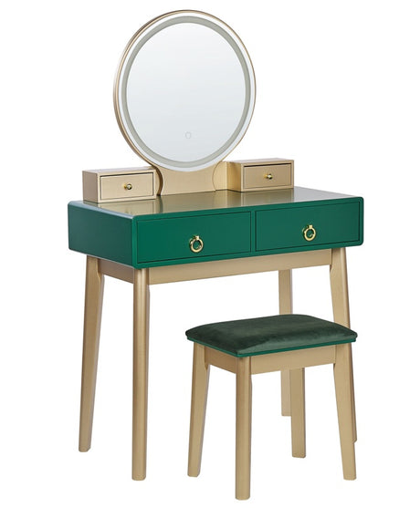 Dressing Table Green and Gold MDF 4 Drawers LED Mirror Stool Living Room Furniture Glam Design Beliani