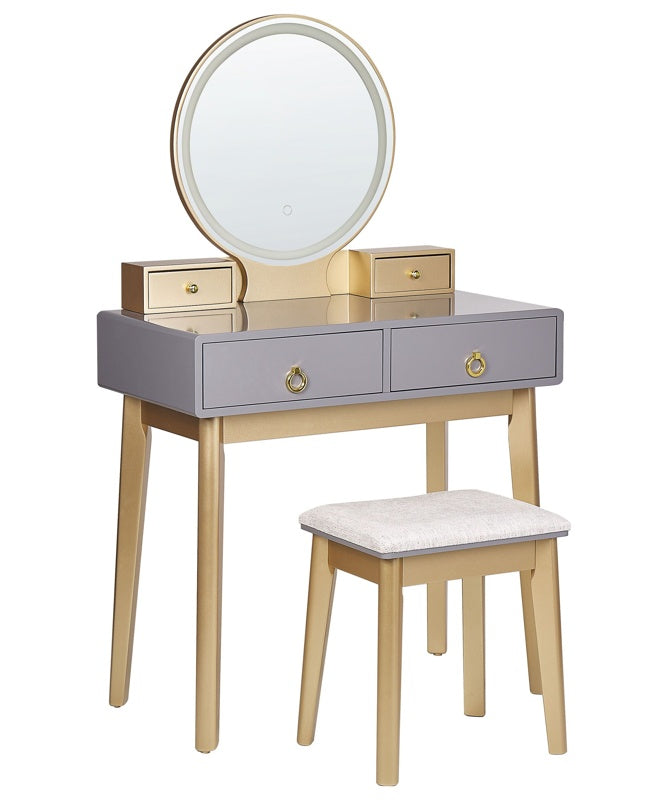 Dressing Table Grey and Gold MDF 4 Drawers LED Mirror Stool Living Room Furniture Glam Design Beliani