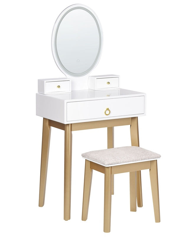 Dressing Table White and Gold MDF 3 Drawers LED Mirror Stool Living Room Furniture Glam Design Beliani