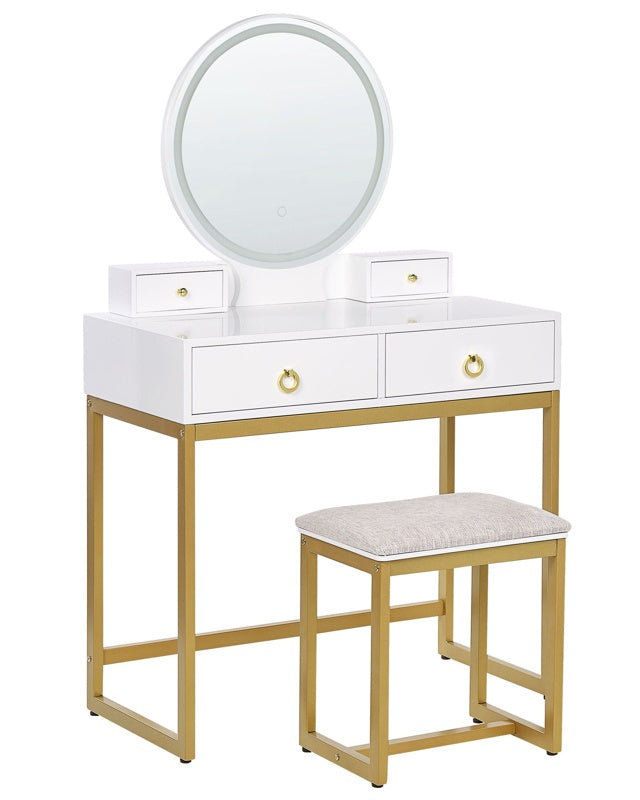 Dressing Table White and Gold MDF 4 Drawers LED Mirror Stool Living Room Furniture Glam Design Beliani