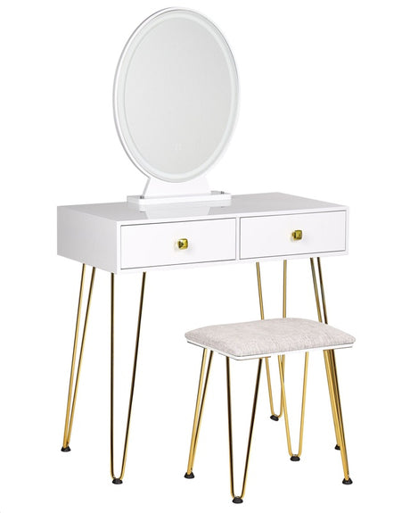 Dressing Table White and Gold MDF 2 Drawers LED Mirror Stool Living Room Furniture Glam Design Beliani