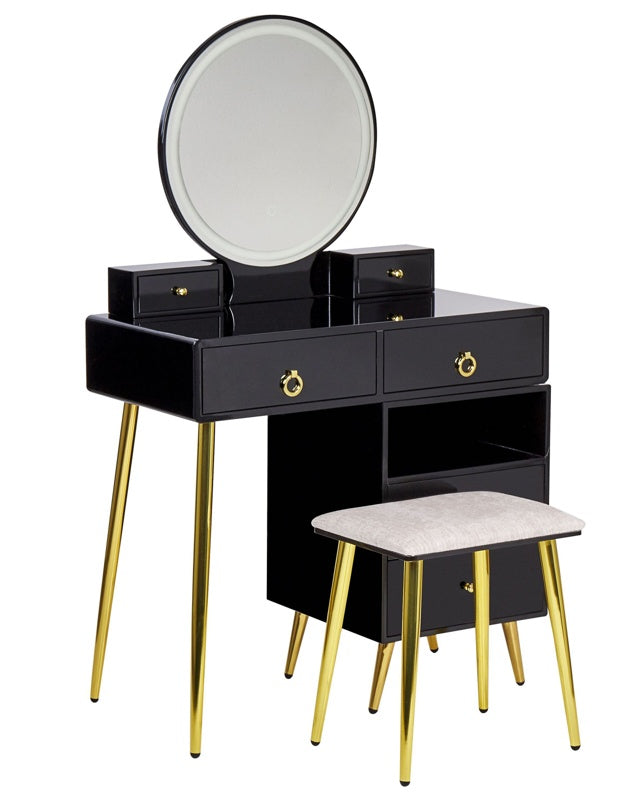 Dressing Table Black and Gold MDF 6 Drawers LED Mirror Stool Living Room Furniture Glam Design Beliani