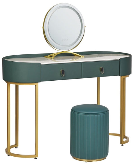 Dressing Table Green and Gold MDF 2 Drawers LED Mirror Stool Living Room Furniture Glam Design Beliani