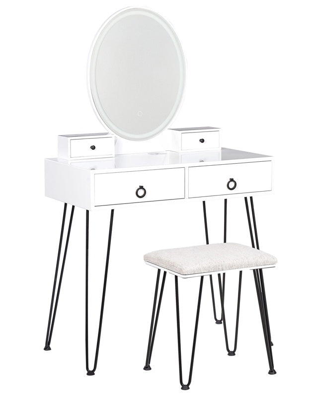 Dressing Table White and Black MDF 4 Drawers LED Mirror Stool Living Room Furniture Glam Design Beliani