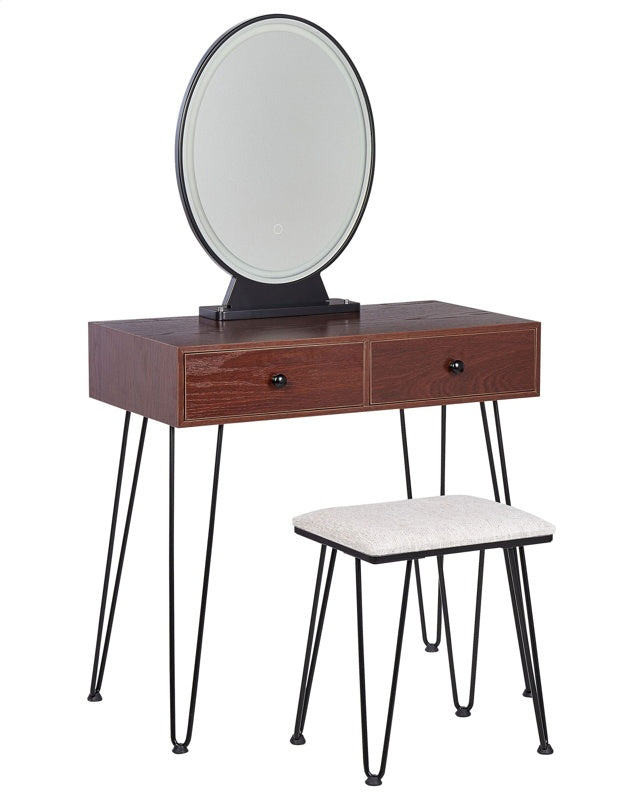 Dressing Table Dark Wood and Black MDF 2 Drawers LED Mirror Stool Living Room Furniture Glam Design Beliani