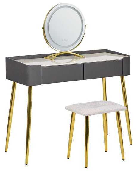 Dressing Table Grey and Gold MDF 2 Drawers LED Mirror Stool Living Room Furniture Glam Design Beliani