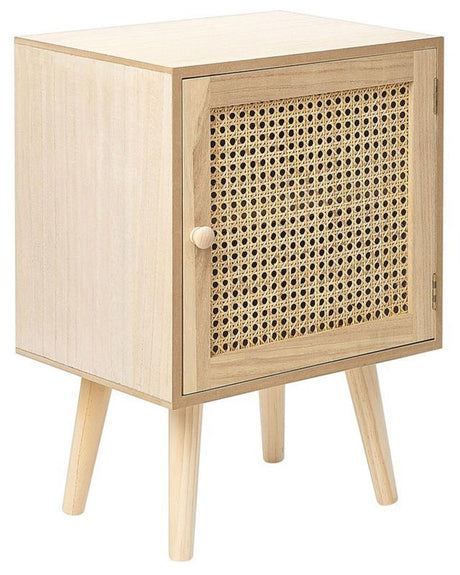 Bedside Table Light Wood MDF Veneer with Rattan Front Drawer Boho Style Nightstand Beliani