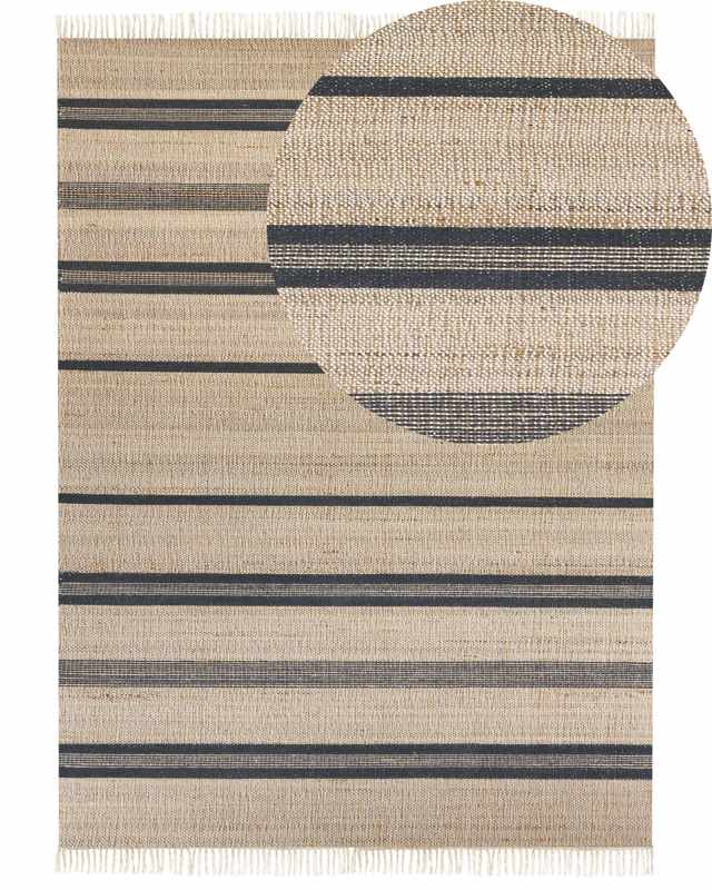 Area Rug Beige and Grey Jute 160 x 230 cm Rectangular with Tassels Striped Pattern Handwoven Boho Style Hallway Beliani