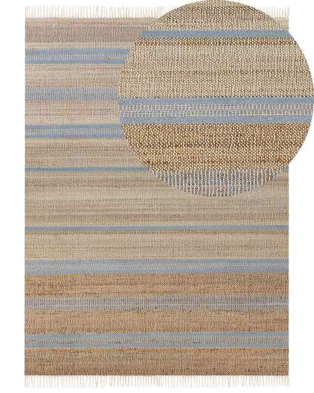 Area Rug Beige and Light Blue Jute 160 x 230 cm Rectangular with Tassels Striped Pattern Handwoven Boho Style Hallway Beliani