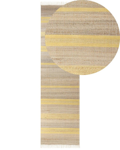 Runner Rug Beige and Yellow Jute 80 x 300 cm Rectangular with Tassels Striped Pattern Handwoven Boho Style Hallway Beliani