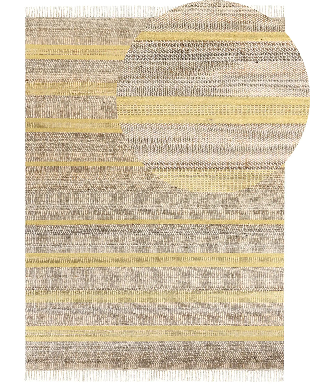Area Rug Beige and Yellow Jute 160 x 230 cm Rectangular with Tassels Striped Pattern Handwoven Boho Style Hallway Beliani
