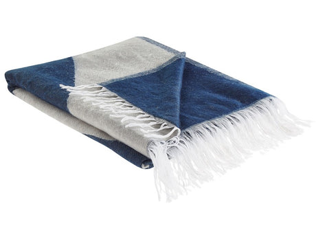 Blanket  Beige and Blue Polyester and Acrylic Blend 130 x 170 cm Decorative Throw Woman Female Motif Beliani