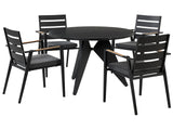Outdoor Dining Set Black Aluminium 4 Seater Round Table 110 cm Slatted Chairs with Grey Seat Pads Beliani