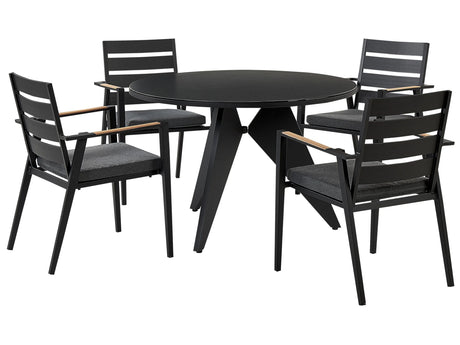 Outdoor Dining Set Black Aluminium 4 Seater Round Table 110 cm Slatted Chairs with Grey Seat Pads Beliani