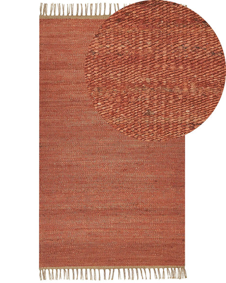 Area Rug Red Jute 80 x 150 cm Tassels Handwoven Boho Hallway Bedroom Beliani