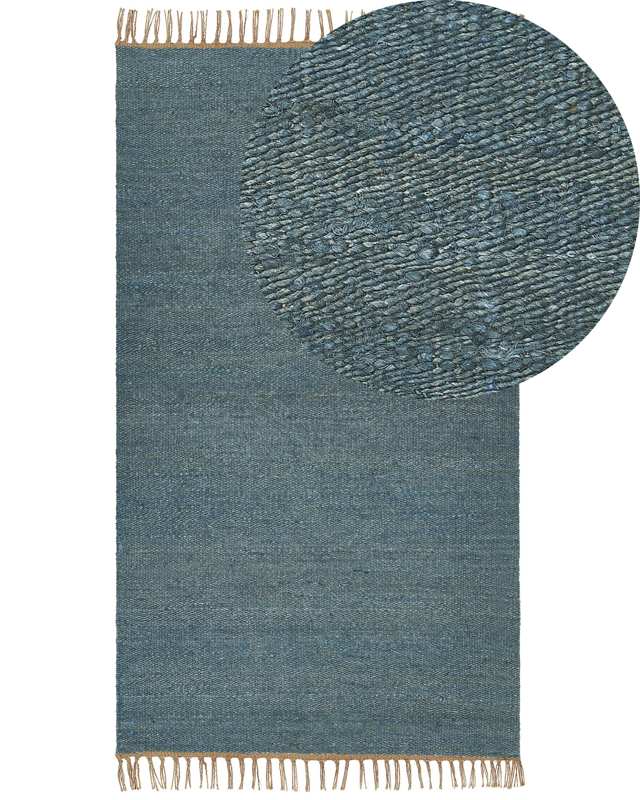 Area Rug Blue Jute 80 x 150 cm Tassels Handwoven Boho Hallway Bedroom Beliani