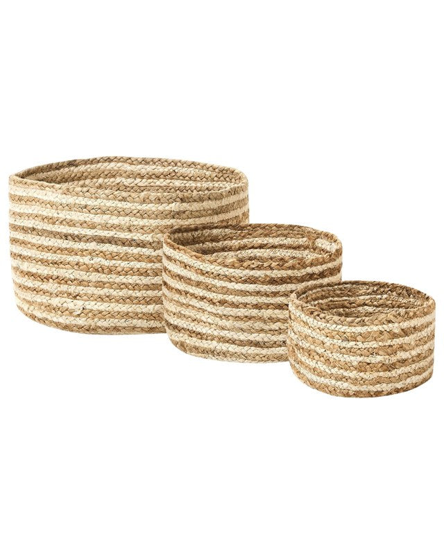 Set of 3 Storage Boxes Natural Beige Jute 13/14/20 cm Height Laundry Baskets Bin Accessory Decoration Boho Beliani