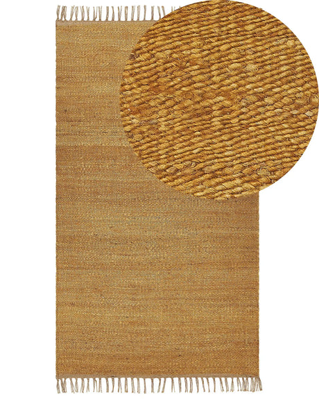 Area Rug Mustard Jute 80 x 150 cm Tassels Handwoven Boho Hallway Bedroom Beliani