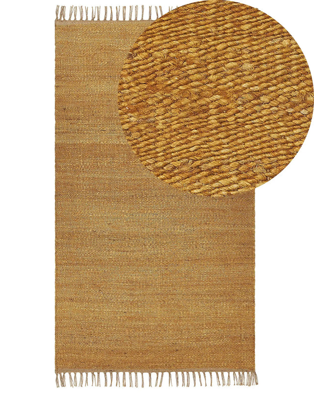 Area Rug Mustard Jute 80 x 150 cm Tassels Handwoven Boho Hallway Bedroom Beliani