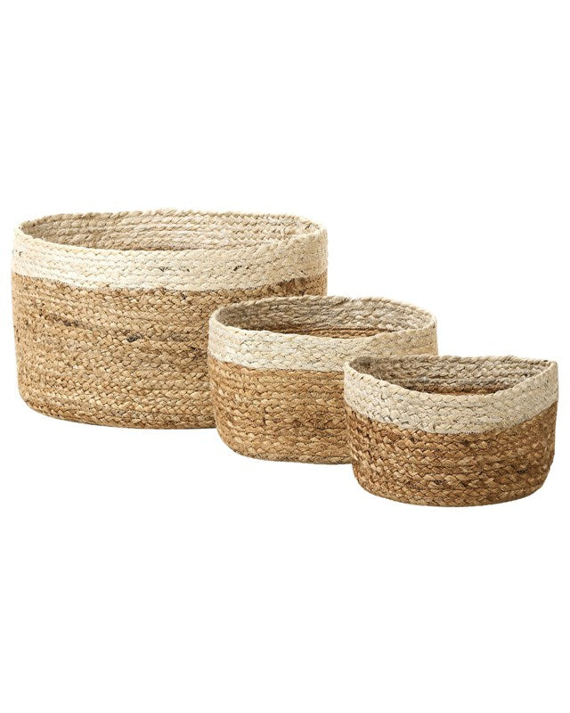 Set of 3 Storage Boxes Natural Beige Jute 13/14/18 cm Height Laundry Baskets Bin Accessory Decoration Boho Beliani