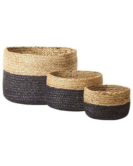 Set of 3 Storage Boxes Natural Black Jute 13/15/25 cm Height Laundry Baskets Bin Accessory Decoration Boho Beliani