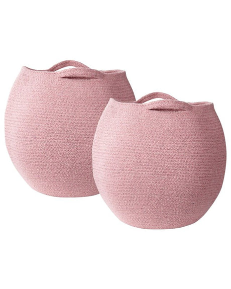 Set of 2 Storage Baskets Pink Cotton 20 x 30 cm Laundry Bins Handwoven Containers Beliani