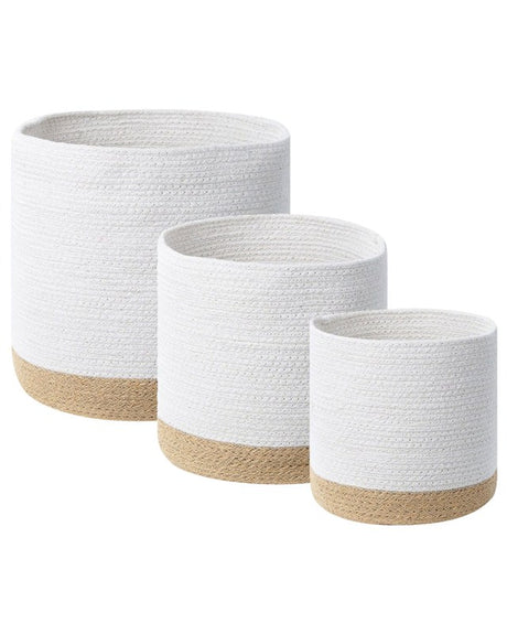 Set of 3 Storage Baskets Cotton Jute White and Natural Laundry Bins Boho Beliani