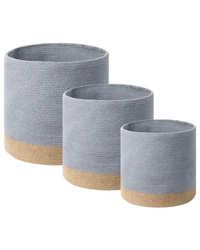 Set of 3 Storage Baskets Cotton Jute Grey and Natural Laundry Bins Boho Beliani