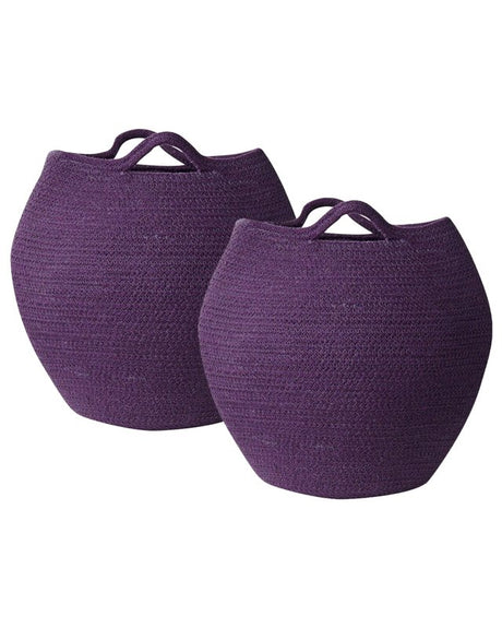 Set of 2 Storage Baskets Purple Cotton 20 x 30 cm Laundry Bins Handwoven Containers Beliani