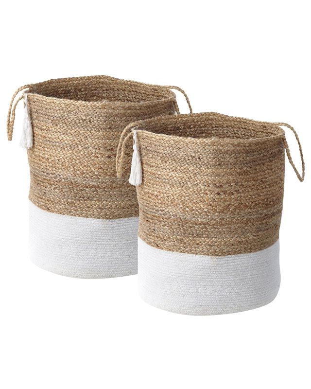 Set of 2 Storage Baskets Cotton Jute White and Natural 50 cm Laundry Bins Boho Beliani