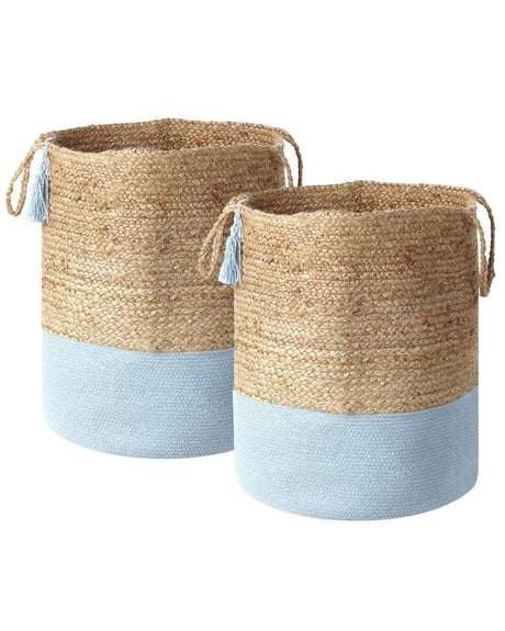 Set of 2 Storage Baskets Cotton Jute Blue and Natural 50 cm Laundry Bins Boho Beliani