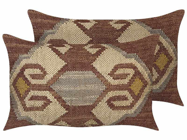 Set of 2 Scatter Cushions Multicolour Jute Cotton 30 x 50 cm Geometric Pattern Handmade Removable Cover with Filling Beliani