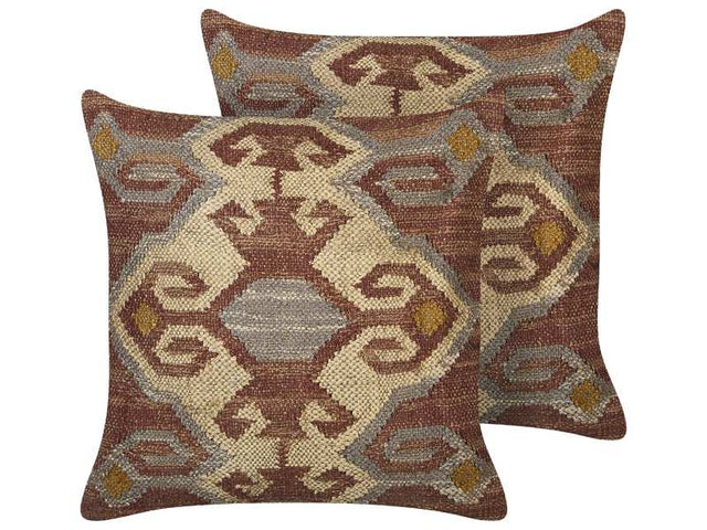 Set of 2 Scatter Cushions Multicolour Jute Cotton 45 x 45 cm Geometric Pattern Handmade Removable Cover with Filling Beliani