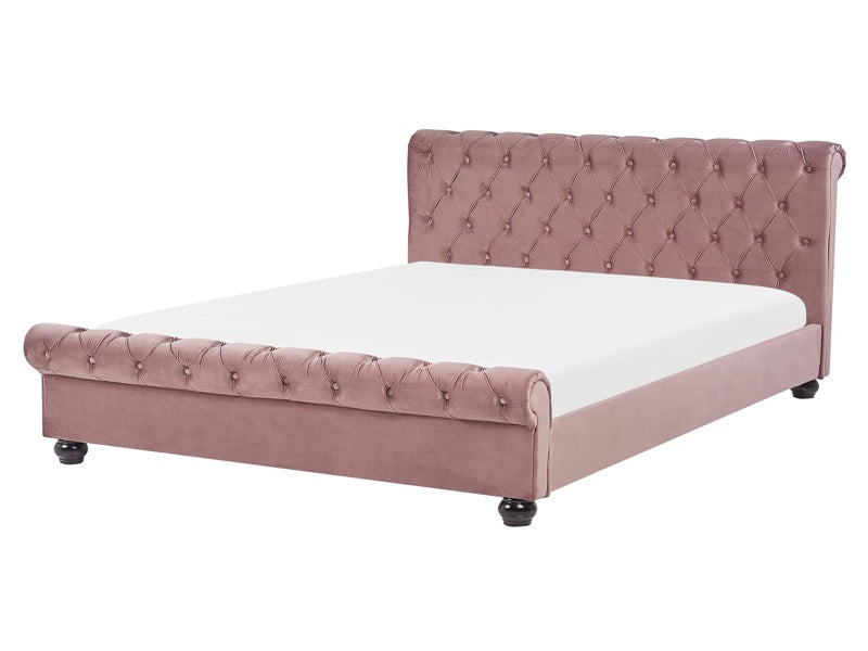 Waterbed Pink Velvet Upholstery Black Wooden Legs EU King Size 5ft3 Buttoned Glam Beliani