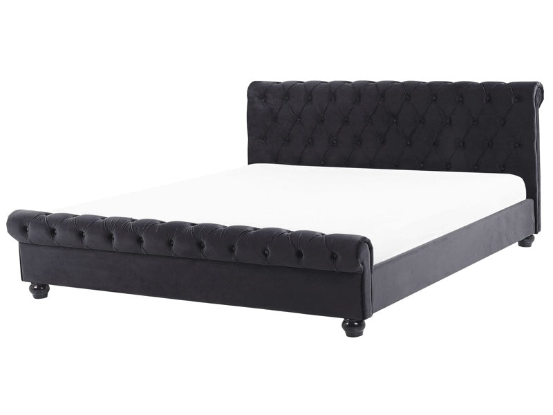 Waterbed Black Velvet Upholstery Black Wooden Legs EU King Size 5ft3 Buttoned Glam Beliani