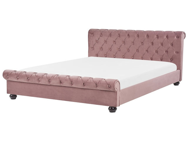 Waterbed Pink Velvet Upholstery Black Wooden Legs EU Super King Size 6ft Buttoned Glam Beliani