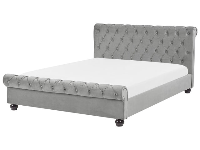 Waterbed Grey Velvet Upholstery Black Wooden Legs EU Super King Size 6ft Buttoned Glam Beliani