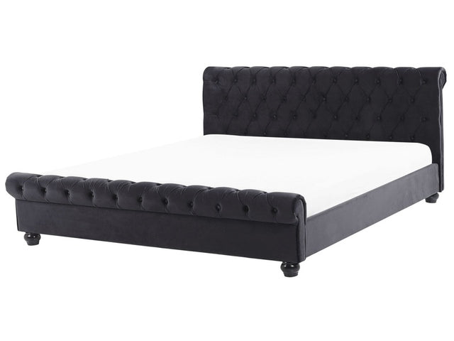 Waterbed Black Velvet Upholstery Black Wooden Legs EU Super King Size 6ft Buttoned Glam Beliani