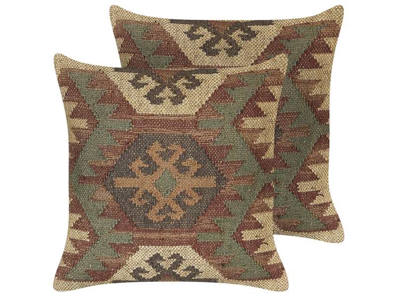 Set of 2 Scatter Cushions Multicolour Jute Cotton 45 x 45 cm Geometric Pattern Handmade Removable Cover with Filling Beliani