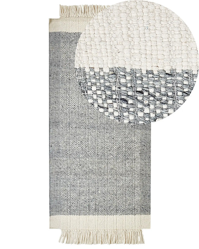 Area Rug Grey and Off-White Wool 80 x 150 cm Rectangular Hand Woven Modern Design Beliani