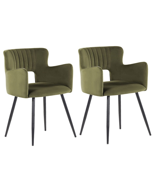 Set of 2 Chairs Olive Green Velvet with Armrests Cut-Out Backrest Black Metal Legs Beliani