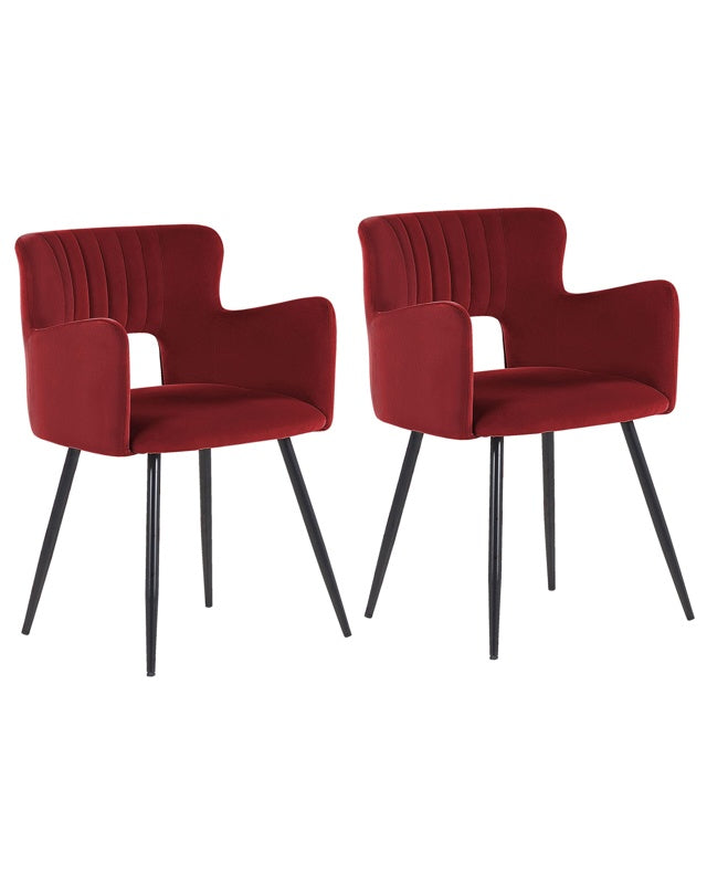 Set of 2 Chairs Dining Chair Red Velvet with Armrests Cut-Out Backrest Black Metal Legs Beliani