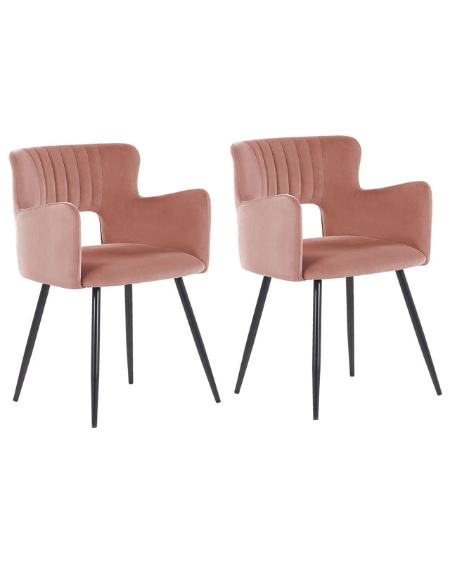 Set of 2 Chairs Dining Chair Peach Pink Velvet with Armrests Cut-Out Backrest Black Metal Legs Beliani