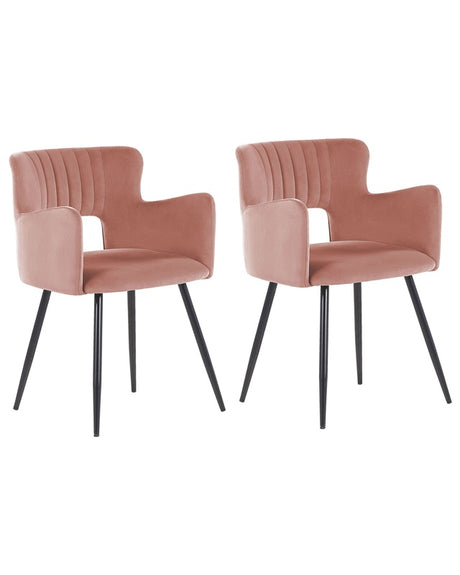 Set of 2 Chairs Dining Chair Peach Pink Velvet with Armrests Cut-Out Backrest Black Metal Legs Beliani